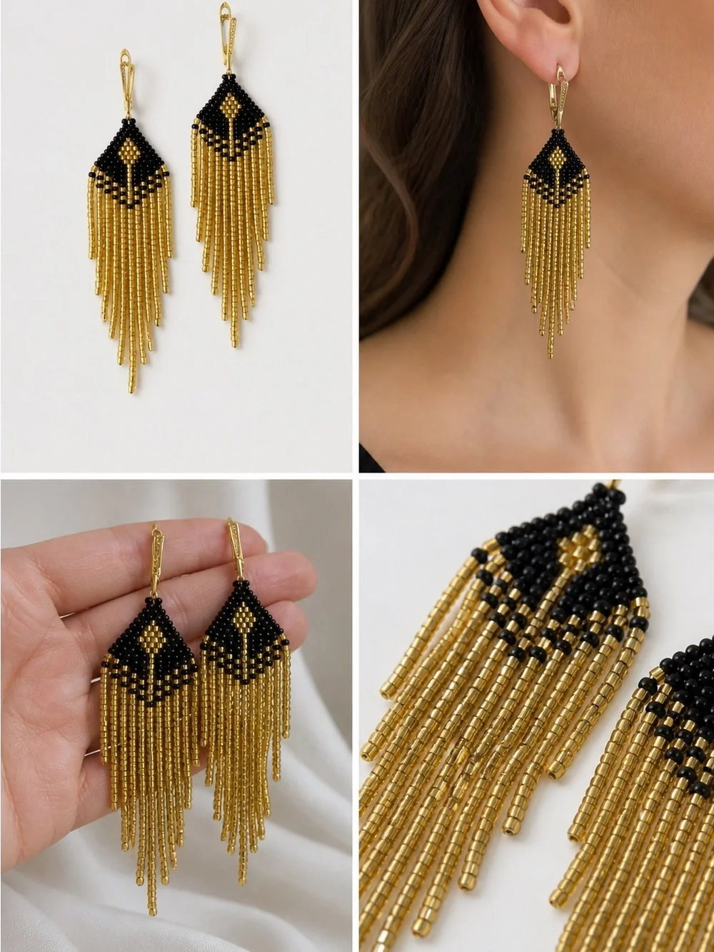 Hand made Gold and Black Beaded Fringe Earrings - Women Jewelry